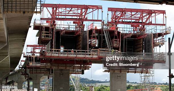 Construction takes place on the building site of the SH20 Manukau Harbour Crossing bridge, a joint initiative between Fletcher Building Ltd., the NZ...