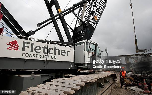 Construction takes place on the building site of the SH20 Manukau Harbour Crossing bridge, a joint initiative between Fletcher Building Ltd., the NZ...