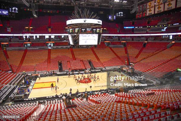 Detailed view of the Miami Heat playoff shirts in the seats through the arena before Game Four of Round One of the 2018 NBA Playoffs between the...