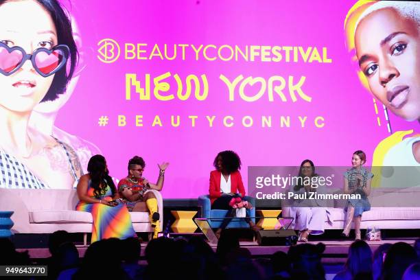 Lizzo, Alok V. Menon, Dana L. Oliver, Nabela Noor and Irene Kim speak on a panel at Beautycon Festival NYC 2018 - Day 1 at Jacob Javits Center on...