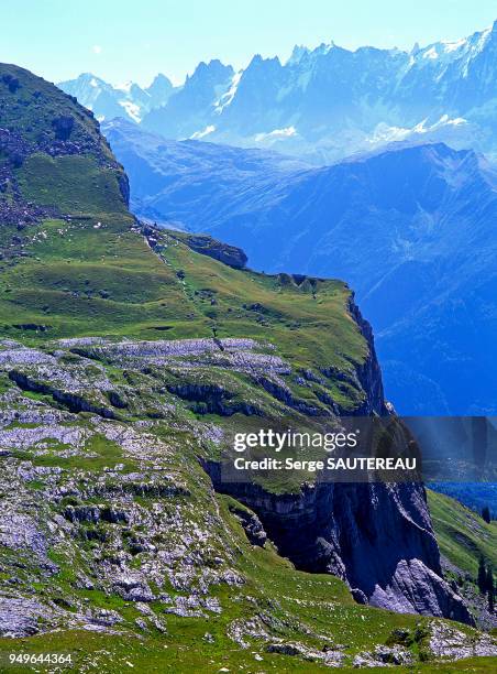 Vue de la Tête des Crêts en direction du Motet / Au fond les Grandes Jorasses / Désert de Platé / Le plus grand lapiaz d'Europe / Fissures acérées...