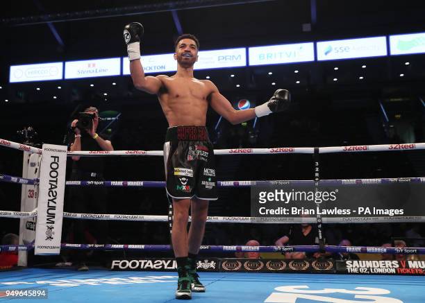 Sam Maxwell celebrates after a first round knock out victory over Michael Issac Carrero during their Super-Lightweight bout at the SSE Arena, Belfast.