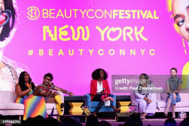 Lizzo, Alok V. Menon, Dana L. Oliver, Nabela Noor and Irene Kim attends Beautycon Festival NYC 2018 - Day 1 at Jacob Javits Center on April 21, 2018...