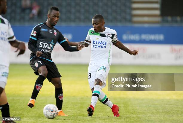 Derrick Tshimanga of OH Leuven in action with Fabrice Olinga of Royal Excel Mouscron during the Belgian First Divison A Europa League Playoffs tie...
