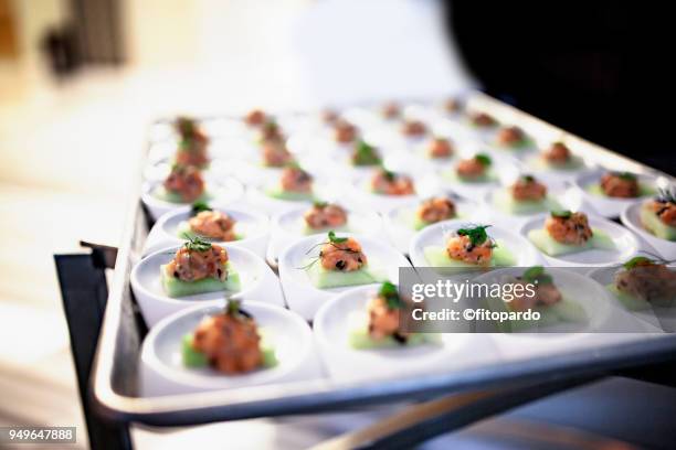 salmon and cucumber tapas - antipasto stock pictures, royalty-free photos & images