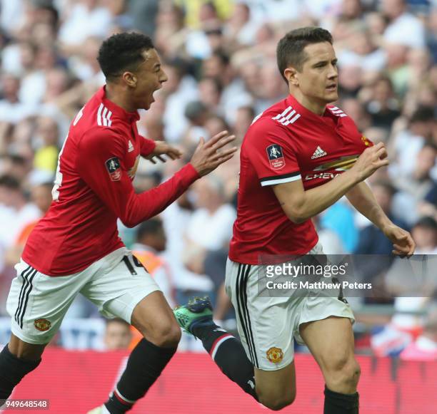 Ander Herrera of Manchester United celebrates scoring their second goal during the Emirates FA Cup semi-final match between Manchester United and...