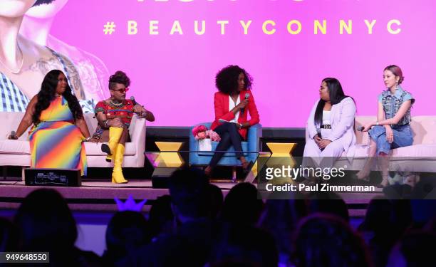Lizzo, Alok V. Menon, Dana L. Oliver, Nabela Noor and Irene Kim speak on a panel at Beautycon Festival NYC 2018 - Day 1 at Jacob Javits Center on...