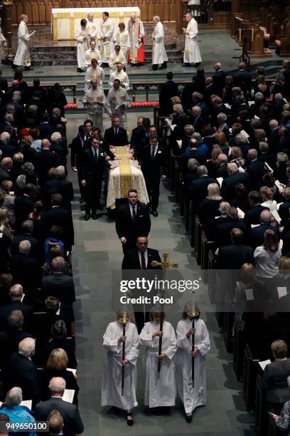 Pallbearers move casket of former first lady Barbara Bush after a funeral service at St. Martin's Episcopal Church, April 21, 2018 in Houston, Texas....