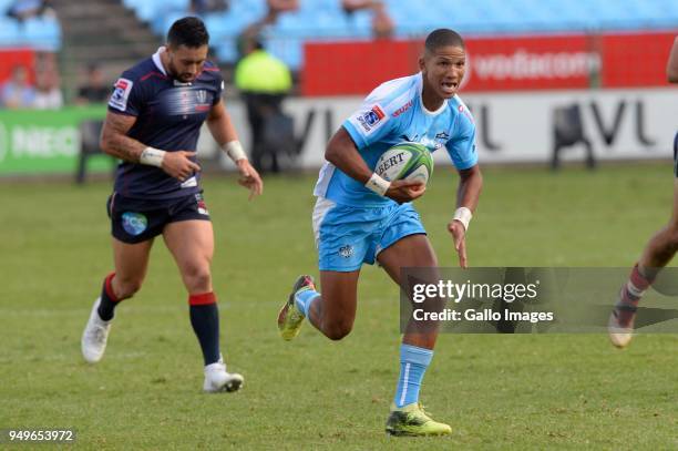 Manie Libbok of the Bulls during the Super Rugby match between Vodacom Bulls and Rebels at Loftus Versfeld on April 21, 2018 in Pretoria, South...