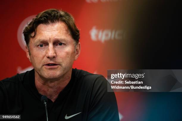 Head coach Ralph Hasenhuettl of Leipzig talks during the press conference after the Bundesliga match between RB Leipzig and TSG 1899 Hoffenheim at...