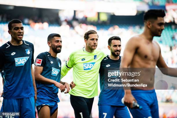 Kevin AkpogumaÂ , Kerem Demirbay, Oliver Baumann and Lukas Rupp of Hoffenheim celebrate after the Bundesliga match between RB Leipzig and TSG 1899...