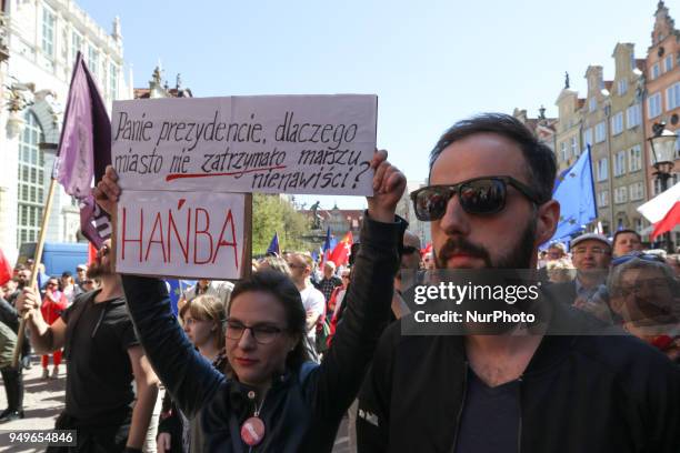 Protesters are seen in Gdansk, Poland on 21 April 2018 Houndreds of people gathered in front of old City Hall in Gdansk, to protest against growing...