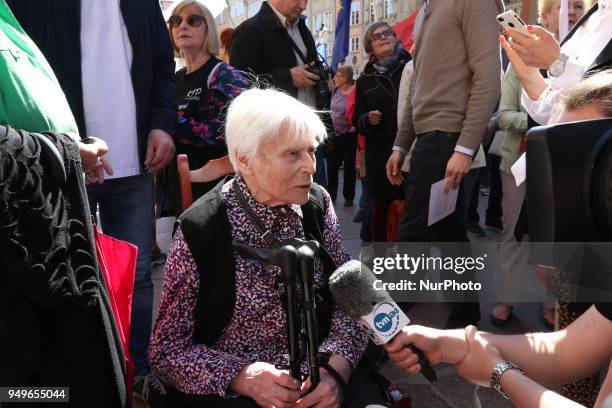 Proffesor Joanna Muszkowska-Penson is seen in Gdansk, Poland on 21 April 2018 Houndreds of people gathered in front of old City Hall in Gdansk, to...