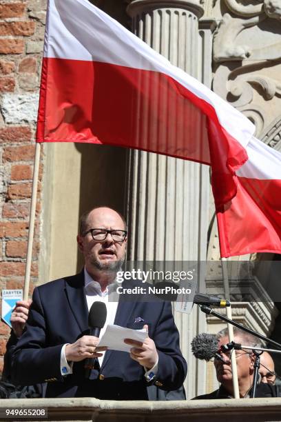 Mayor of Gdansk Pawel Adamowicz speaking is seen in Gdansk, Poland on 21 April 2018 Houndreds of people gathered in front of old City Hall in Gdansk,...