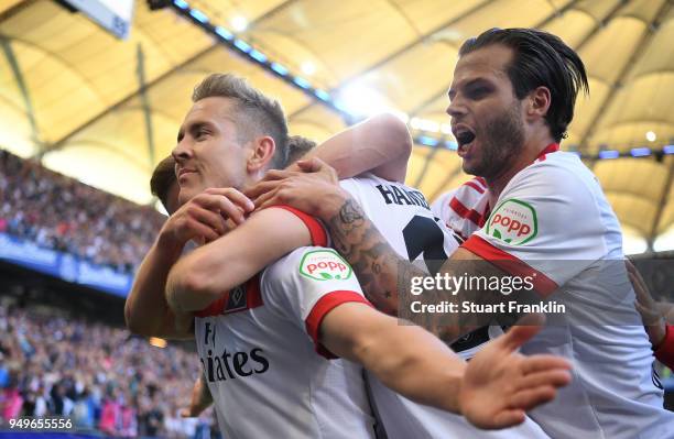 Lewis Holtby of Hamburg celebrates scoring his goal with Dennis Diekmeier during the Bundesliga match between Hamburger SV and Sport-Club Freiburg at...