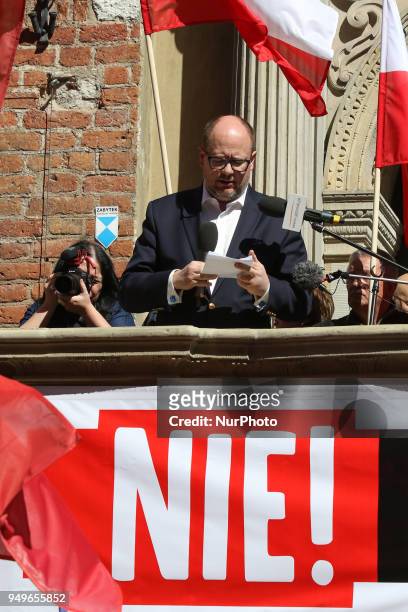 Mayor of Gdansk Pawel Adamowicz speaking is seen in Gdansk, Poland on 21 April 2018 Houndreds of people gathered in front of old City Hall in Gdansk,...