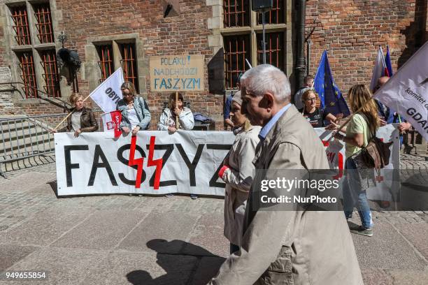 Protesters with Stop fascism slogan are seen in Gdansk, Poland on 21 April 2018 Houndreds of people gathered in front of old City Hall in Gdansk, to...