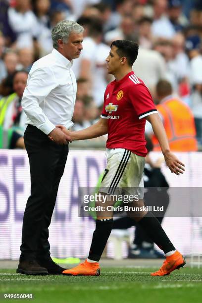 Alexis Sanchez of Manchester United shakes hands with his manager Jose Mourinho as he is substituted during The Emirates FA Cup Semi Final match...