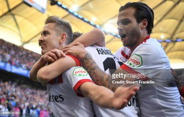Lewis Holtby of Hamburg celebrates scoring his goal with Dennis Diekmeier during the Bundesliga match between Hamburger SV and Sport-Club Freiburg at...