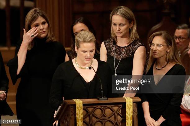 Jenna Bush, left, wipes away tears as granddaughters gather to speak during a funeral service for former first lady Barbara Bush at St. Martin's...