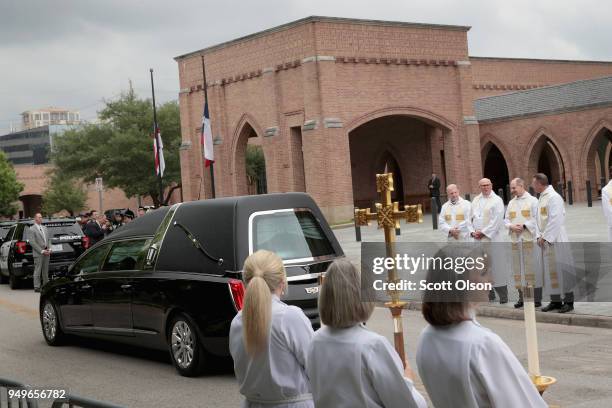 The remains of former first lady Barbara Bush leave St. Martin's Episcopal Church following her funeral service on April 21, 2018 in Houston, Texas....