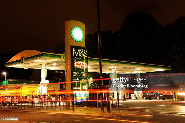 Gas station sits in London, U.K., on Tuesday, July 28, 2009. BP Plc, Europe's second-biggest oil company, said profit fell 53 percent on lower energy...