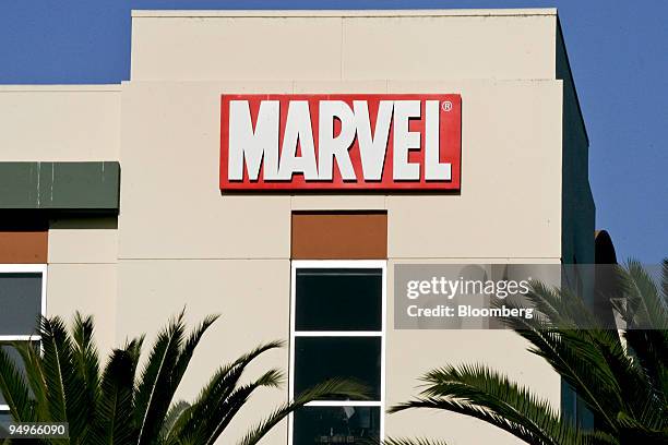 Sign hangs on the outside of Marvel Studios, a unit of Marvel Entertainment Inc., in Manhattan Beach, California, U.S., on Monday, Aug. 31, 2009....