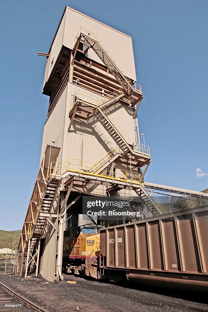 Extracted coal is loaded into Union Pacific train cars at an