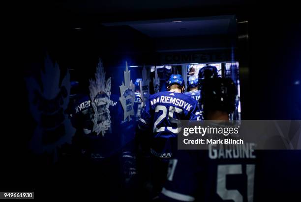 James van Riemsdyk and Jake Gardiner of the Toronto Maple Leafs take the ice to play the Boston Bruins in Game Four of the Eastern Conference First...