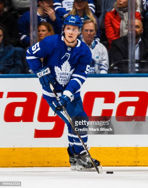 Jake Gardiner of the Toronto Maple Leafs skates against the Boston Bruins in Game Four of the Eastern Conference First Round during the 2018 NHL...