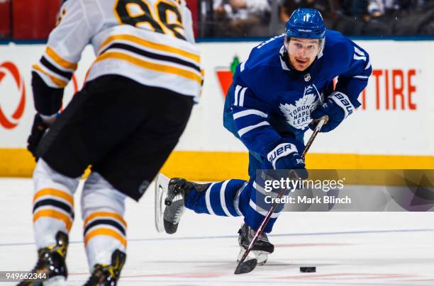 Zach Hyman of the Toronto Maple Leafs skates against the Boston Bruins in Game Four of the Eastern Conference First Round during the 2018 NHL Stanley...