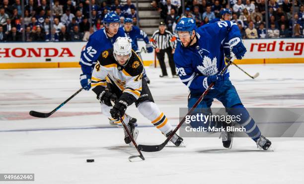 Connor Brown of the Toronto Maple Leafs skates against Jake DeBrusk of the Boston Bruins in Game Four of the Eastern Conference First Round during...