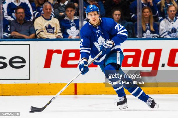 Nikita Zaitsev of the Toronto Maple Leafs drives the puck against the Boston Bruins in Game Four of the Eastern Conference First Round during the...