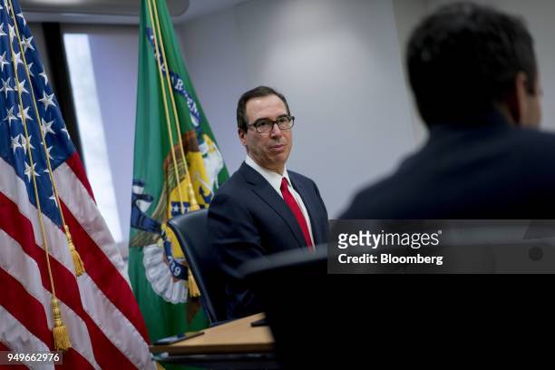 Steven Mnuchin, U.S. Treasury secretary, speaks during a press briefing at the spring meetings of the International Monetary Fund and World Bank in...