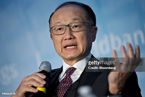 Jim Yong Kim, president of the World Bank Group, speaks during a panel discussion at the spring meetings of the International Monetary Fund and World...