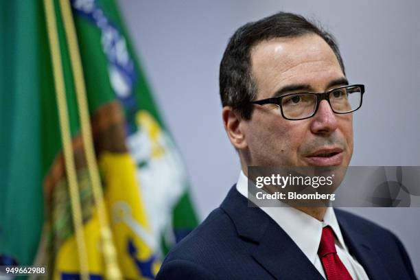 Steven Mnuchin, U.S. Treasury secretary, speaks during a press briefing at the spring meetings of the International Monetary Fund and World Bank in...