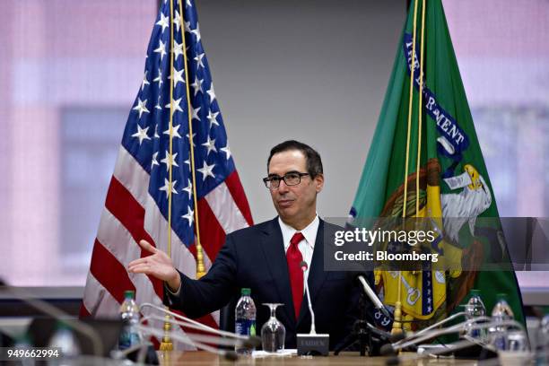 Steven Mnuchin, U.S. Treasury secretary, speaks during a press briefing at the spring meetings of the International Monetary Fund and World Bank in...