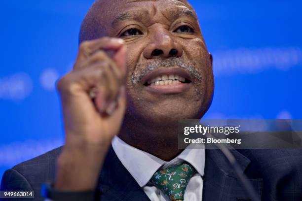 Lesetja Kganyago, governor of South Africa's reserve bank, speaks during a International Monetary Fund Committee news conference at the spring...