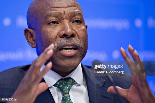 Lesetja Kganyago, governor of South Africa's reserve bank, speaks during a International Monetary Fund Committee news conference at the spring...