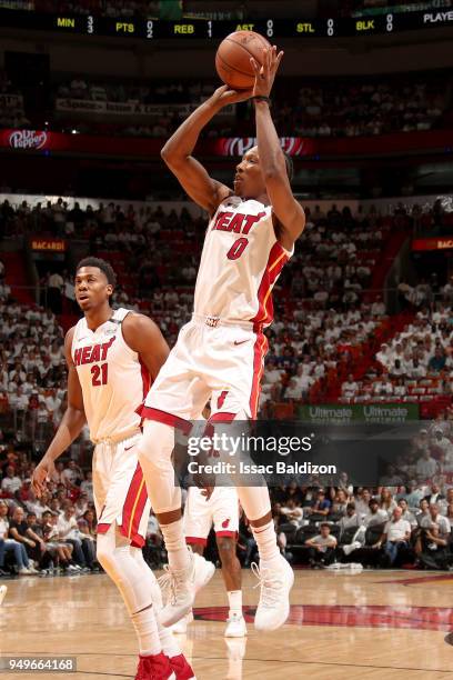 Josh Richardson of the Miami Heat shoots the ball against the Philadelphia 76ers in Game Four of the Eastern Conference Quarterfinals during the 2018...