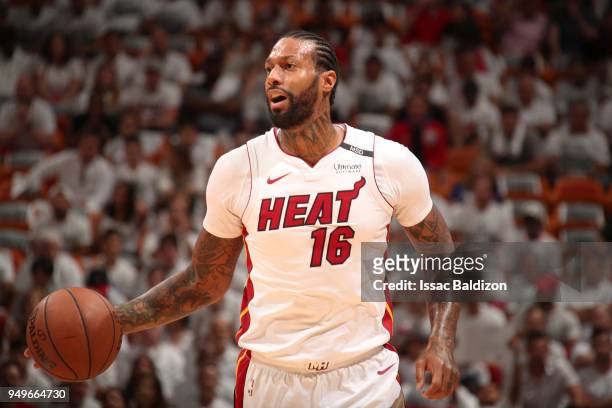 James Johnson of the Miami Heat handles the ball against the Philadelphia 76ers in Game Four of the Eastern Conference Quarterfinals during the 2018...