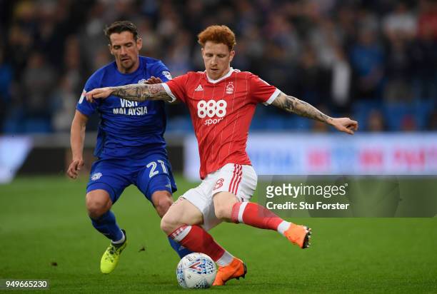 Forest player Jack Colback holds off the challenge of Craig Bryson of Cardiff during the Sky Bet Championship match between Cardiff City and...