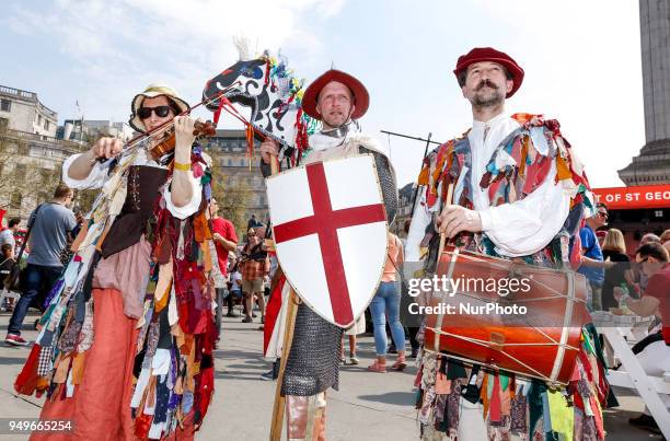 Londoners celebrate the annual Feast of St George, the patron of England, in Trafalgar Square, London, England, on April 21, 2018. Actors and...