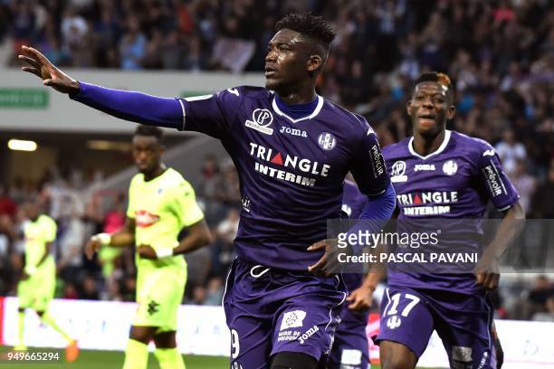 Toulouse's French forward Yaya Sanogo celebrates after scoring a goal during the French L1 football match Toulouse against Angers April 21, 2018 at...