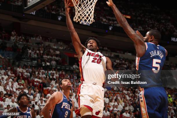 Justise Winslow of the Miami Heat goes to the basket against the Philadelphia 76ers in Game Four of the Eastern Conference Quarterfinals during the...