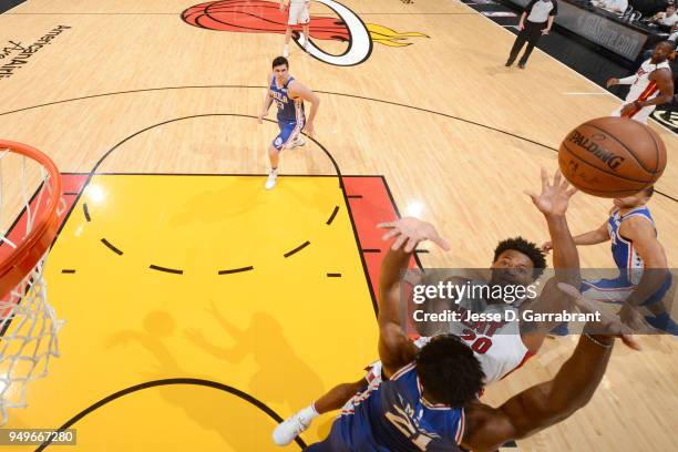 Justise Winslow of the Miami Heat shoots the ball against the Philadelphia 76ers in Game Four of Round One of the 2018 NBA Playoffs on April 21, 2018...