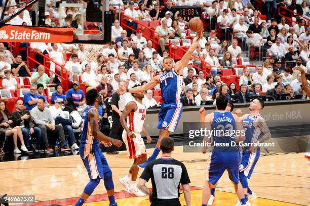 Justin Anderson of the Philadelphia 76ers grabs the rebound against the Miami Heat in Game Four of Round One of the 2018 NBA Playoffs on April 21,...