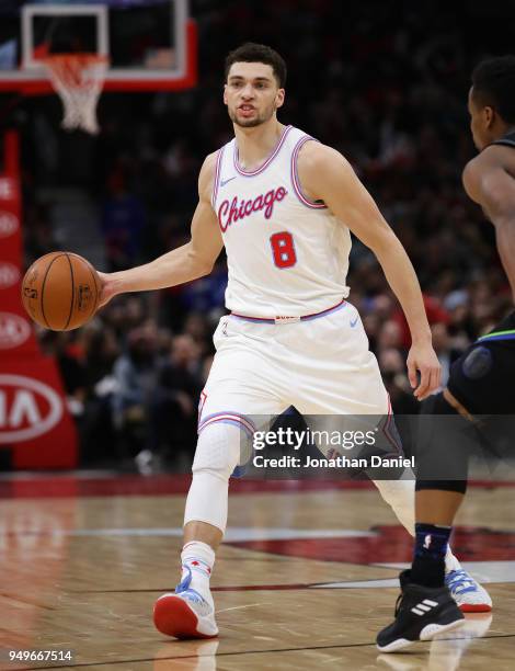 Zach LaVine of the Chicago Bulls looks to pass against the Dallas Mavericks at the United Center on March 2, 2018 in Chicago, Illinois. The Bulls...