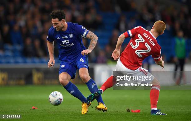 Forest player Ben Watson challenges Sean Morrison of Cardiff during the Sky Bet Championship match between Cardiff City and Nottingham Forest at...