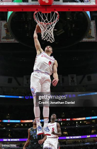 Zach LaVine of the Chicago Bulls dunks against the Dallas Mavericks at the United Center on March 2, 2018 in Chicago, Illinois. NOTE TO USER: User...